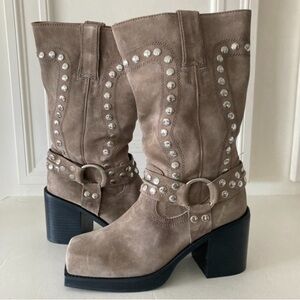 Jeffery Campbell Free People Gretchen Taupe Suede Studded Square Toe Boots 8.5